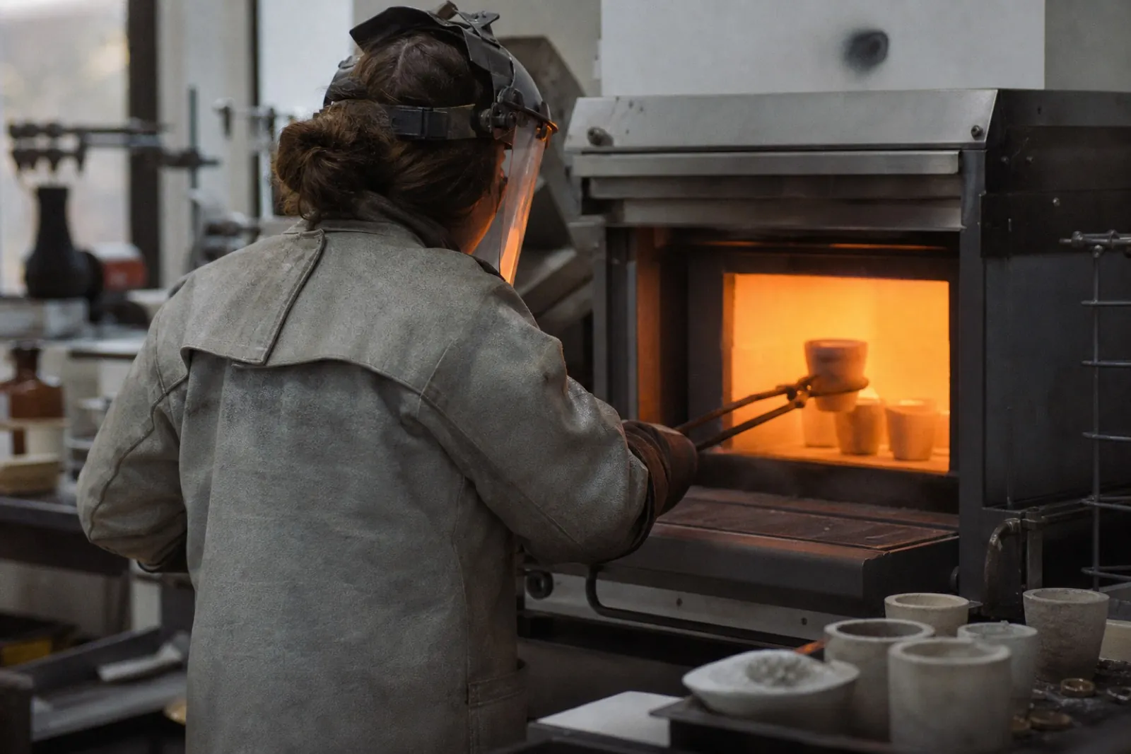Technician removing crucibles from a fire assay furnace