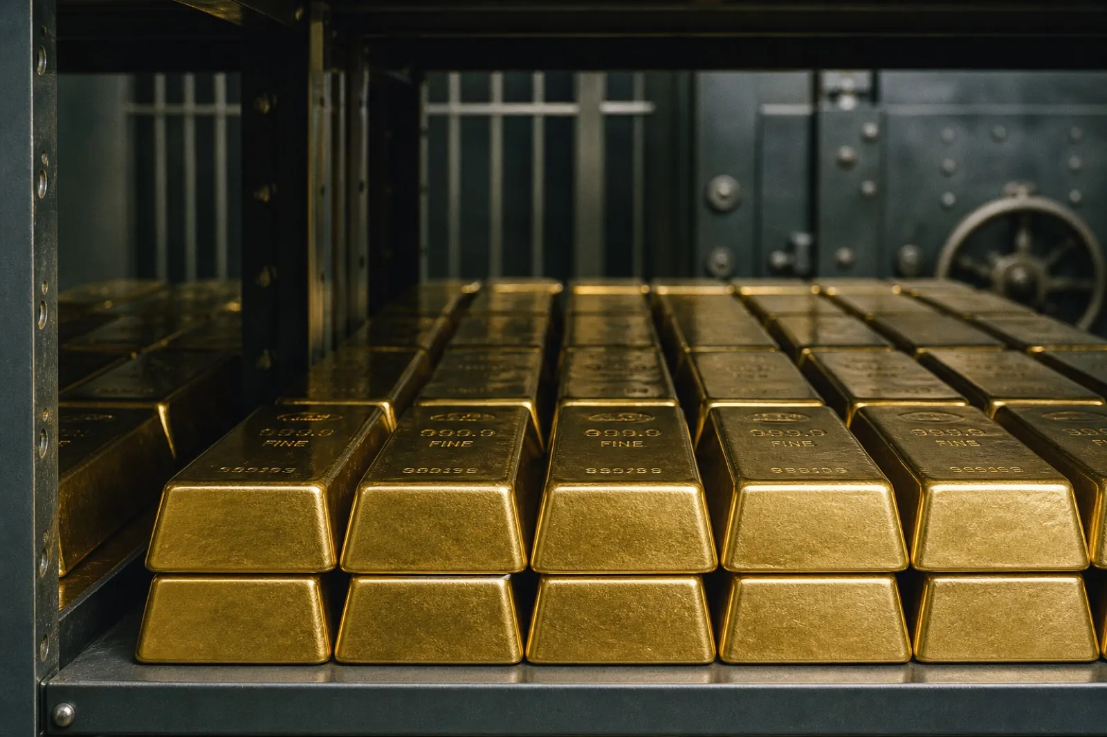Rows of refined gold bullion bars on a vault shelf