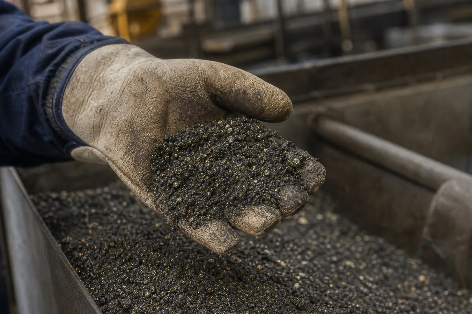 Gloved hand holding gold-bearing mineral concentrate