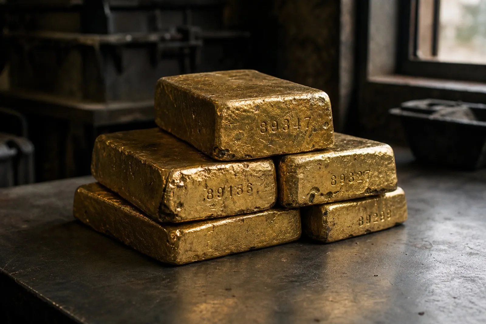 Stack of gold doré bars on a refinery workbench