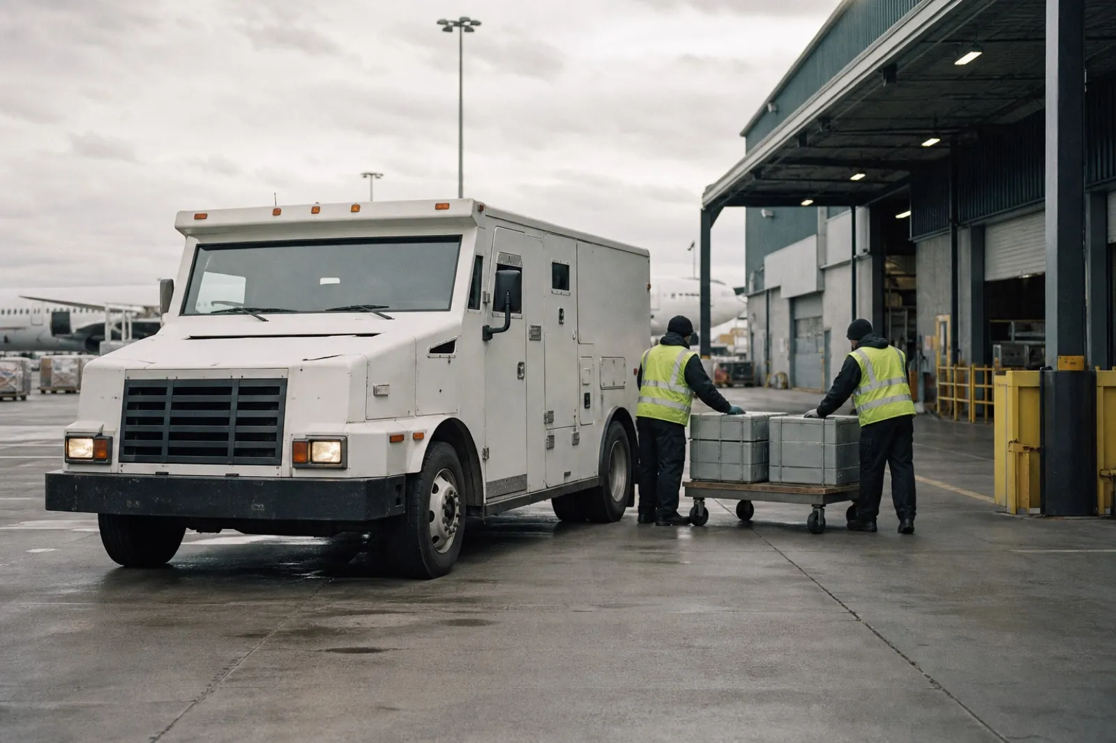 Armoured transport being loaded at an air cargo terminal
