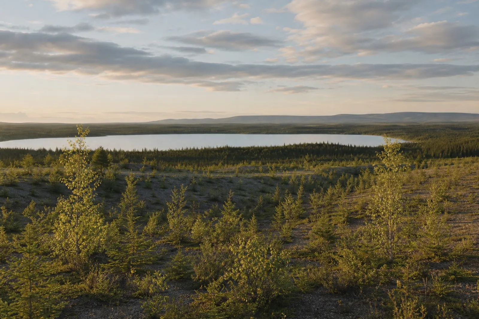 Rehabilitated mine land with young trees and a boreal lake